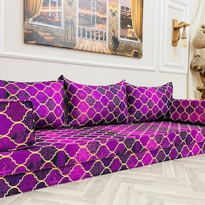 Moroccan Floor Seating Couch: 8-inch Thick Floor Cushion with Backrest Pillows
