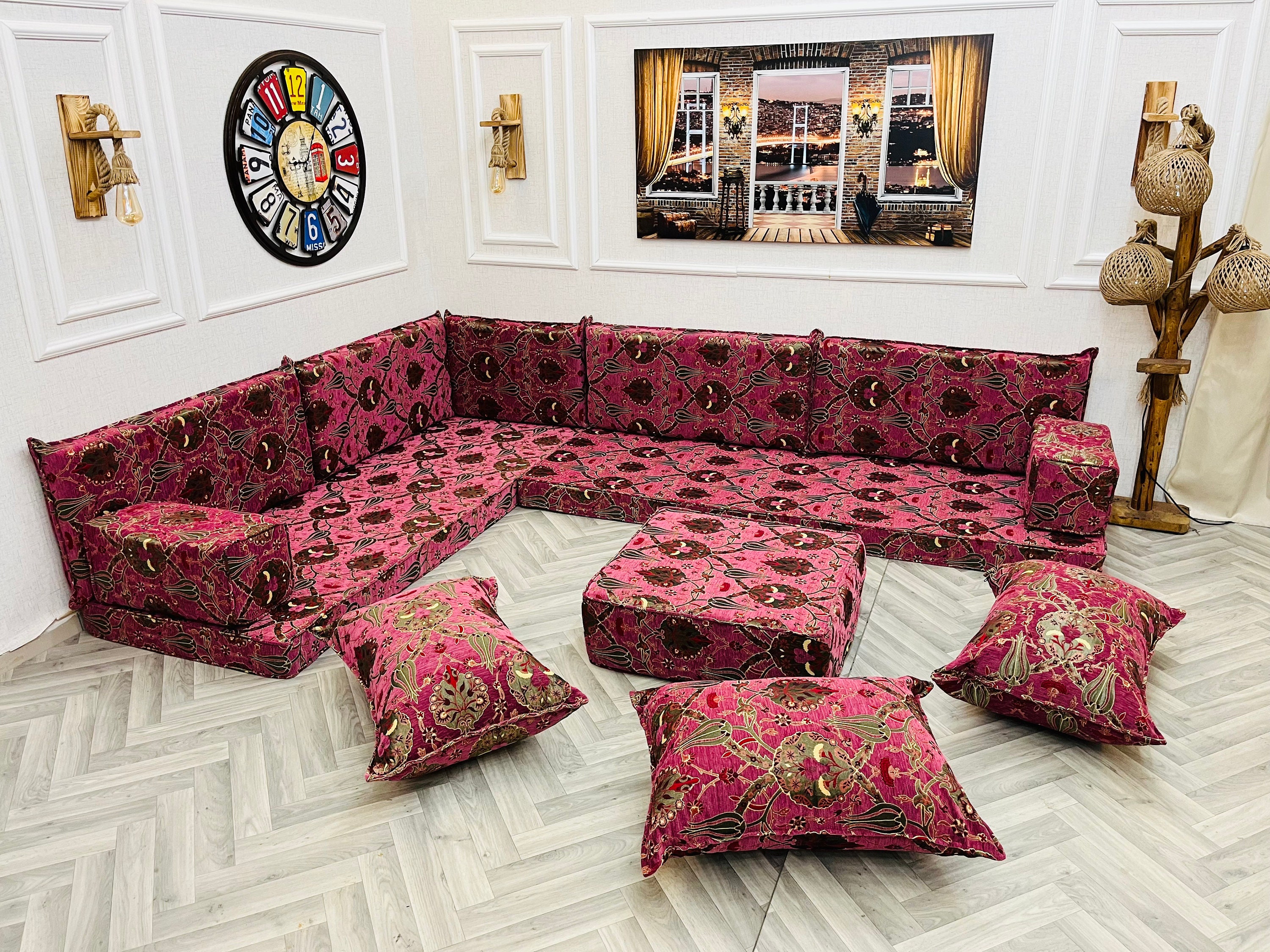 L-shaped Ottoman Floor Sofa Set: Traditional Arabic Majlis With