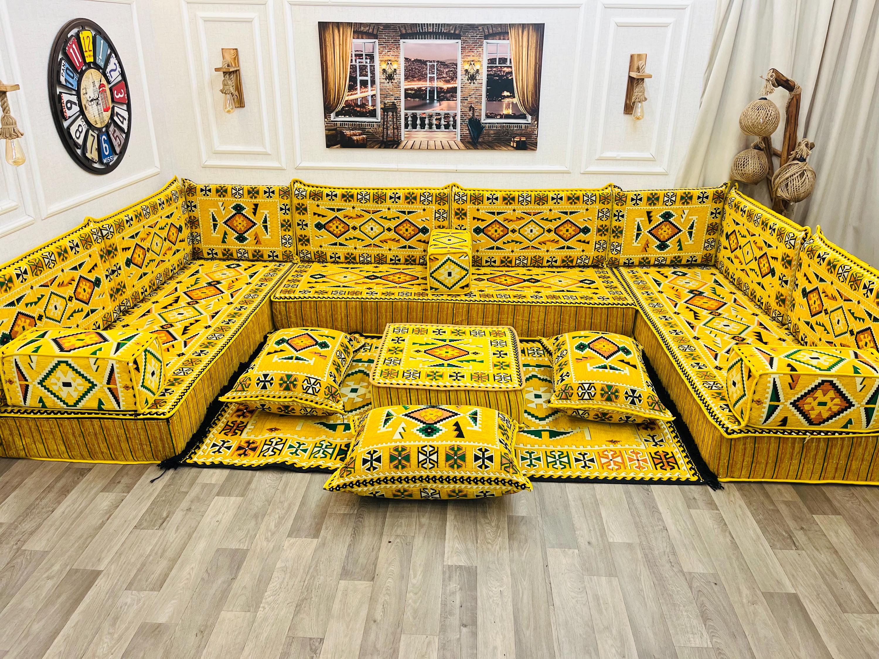 Majilis Rug Yellow U Shaped Arabic Majlis Sofa Set: Floor Seating, Cushions & Rug ...