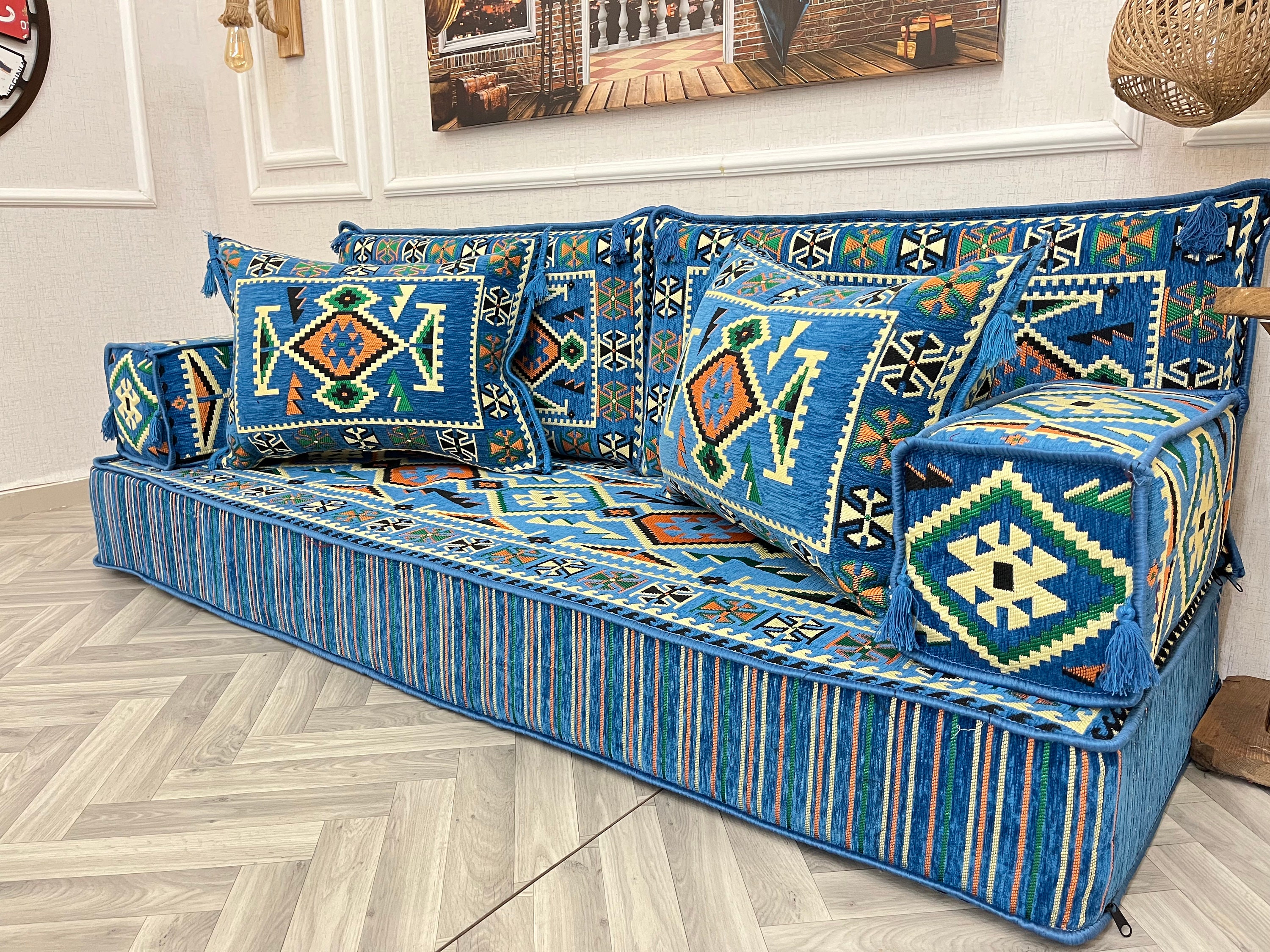 リビングルーム用ブルーモロッコフロアシーティングソファセット：厚さ