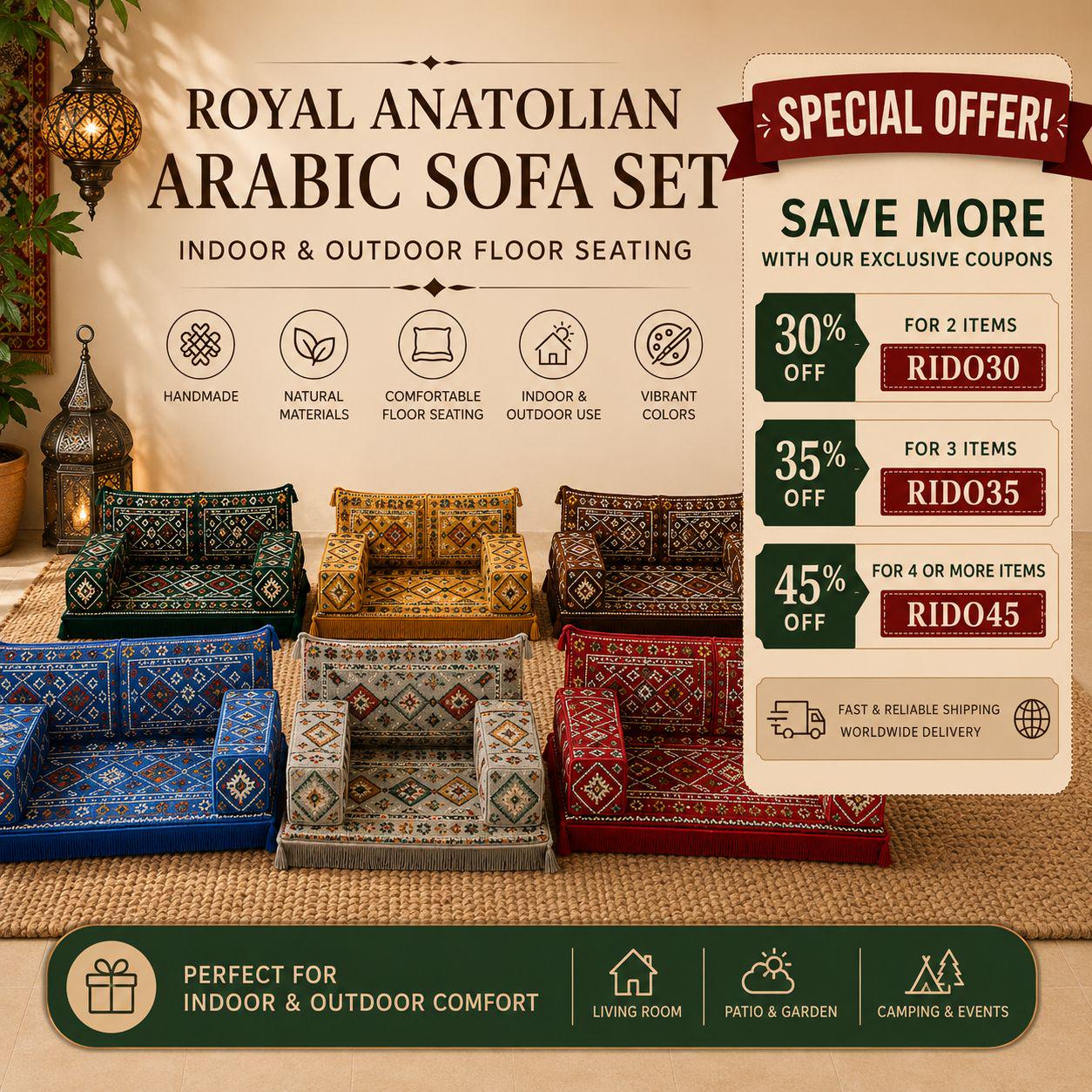 Royal Anatolian Arabic Sofa Set, Floor Seating Couch, Indoor