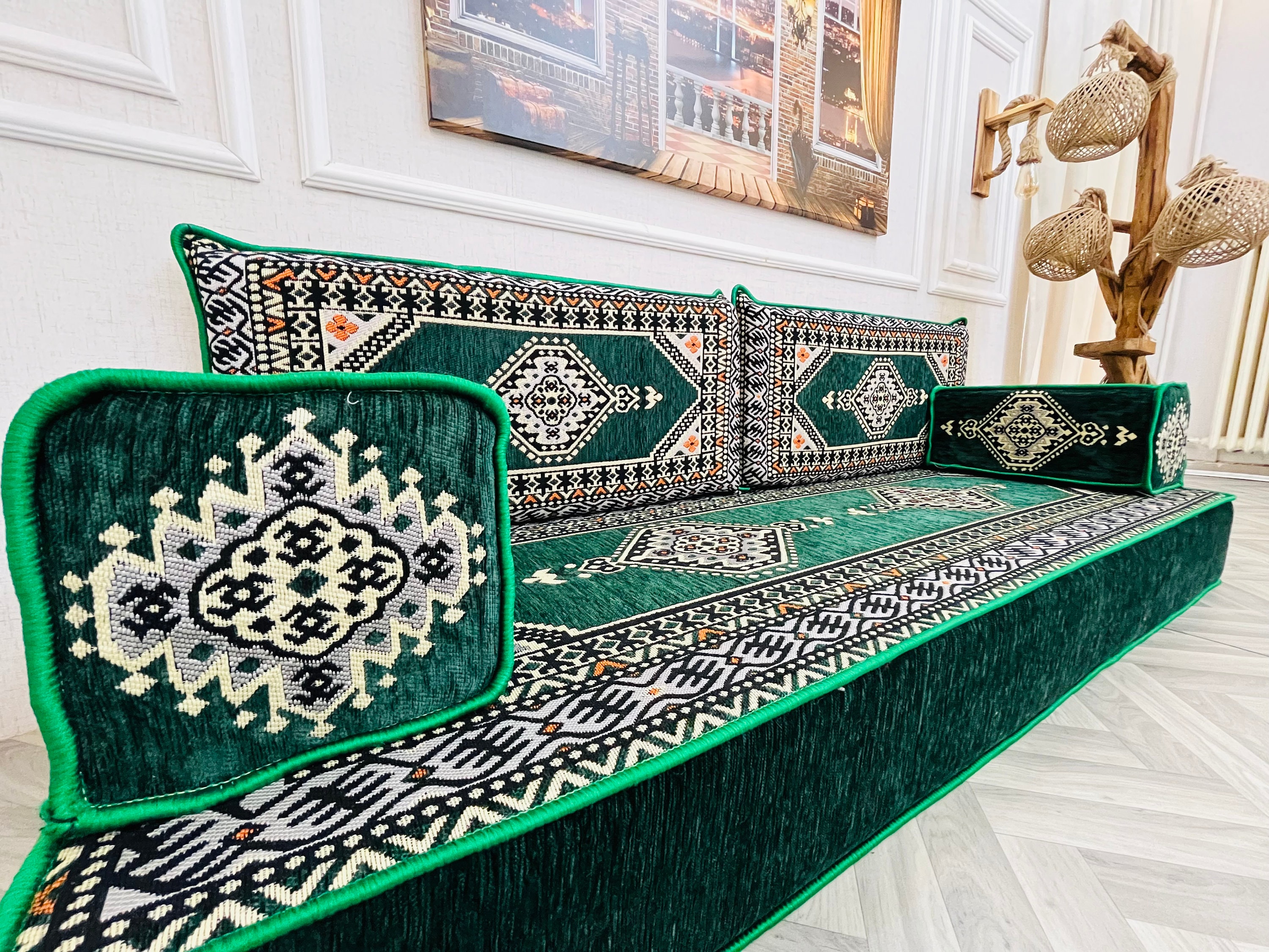 Green Arabic Sofa Floor Seating Set : 8-inch Thick Moroccan Couch