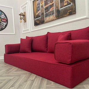 Maroon Linen Floor Sofa: Arabic Bohemian Seating Set
