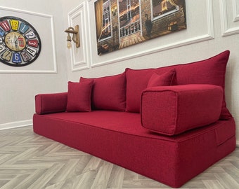 8'' THICK  Maroon Arabic Style  Linen Fabric Floor Seating Sofa ,Yoga Meditation Sofa Bed,Arabic Living Room,Bohemian Home Decor Floor Couch