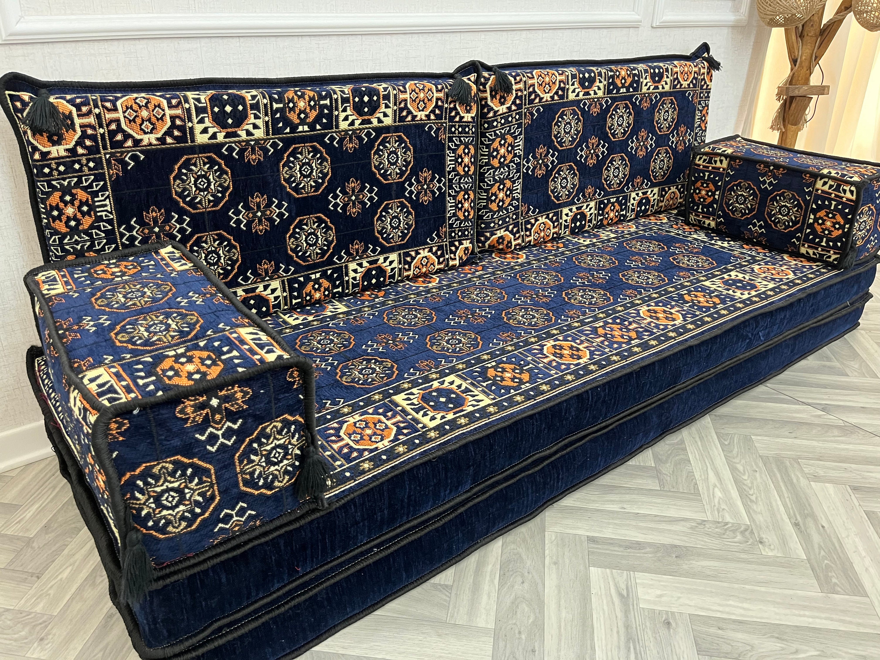 Majilis Rug Navy Arabic Floor Seating Set: 8'' Thick Majlis Sofa, Ottoman & Rug - Etsy