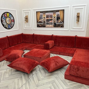 Rust Puffy Floor Sofa Boucle U Shaped Living Room Arabic Sofa Floor Seating Majlis Set ,Boho Floor Couches ,Sectional Sofa, Floor Cushion