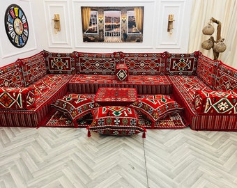 8'' Rotes anatolisches U-förmiges modulares arabisches Wohnzimmersofa, Bodensitzgruppe, Bodencouch, Bodenkissen, arabische Majlis, Sofagarnitur