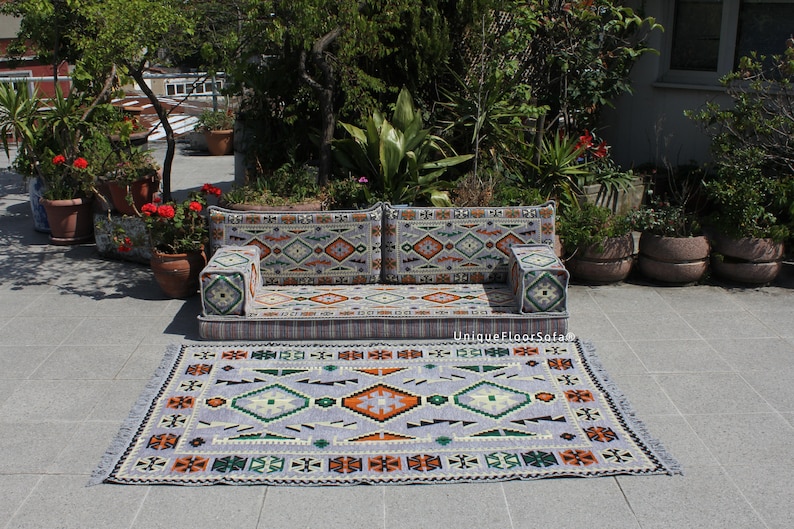 Arabic Sofa Set, Bench Cushions,Sectional Sofa,Floor Cushions, Indoor&Outdoor Ethnic Floor Seating Sofa,Terrace Garden Sofa,Boho Floor Couch Sofa + Rug