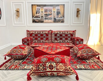 Coussins de sol ethniques rouges, ensemble de sièges de salon, canapé arabe, coussins de banc, canapé sectionnel, canapé de sol bohème, majlis arabe, oreiller