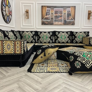 Living Room Cozy 8 inch Thickness Arabic Sofa Black and Gold L Shaped Floor Seating Set, Sectional Sofa Set,Floor Sofa, Moroccan Floor Couch