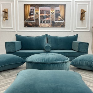 Petrolium Blue Velvet Floor Seating Sofa: Modular Sectional with Throw Pillows