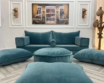 Petroliumblauwe moderne woonkamer fluwelen vloer zitbank, fluwelen kussens, modulaire sectionele slaapbank, op maat gemaakte bankhoes