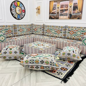 8" Thick L Shaped Arabic Sofa Living Room Set, Floor Seating Sofa Couch, Arabic Majlis, Sectional Sofa,Floor Cushions, Ottoman Couch & Rug
