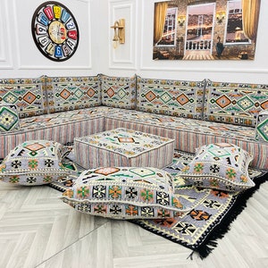 8インチ厚L字型アラビアソファリビングルームセット、フロアシートソファカウチ、アラビアマジリス、セクショナルソファ、フロアクッション、オットマンカウチ＆ラグ