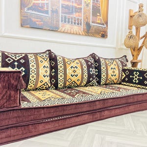 8 inch Thick Brown Arabic Floor Sofa Set: Ethnic Boho Couch with Pillows & Armrest