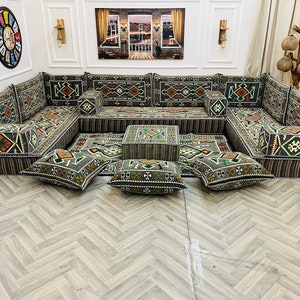 Gray Arabic Floor Seating Set: 8-inch U-Shaped Sofa, Cushions, Ottoman & Rug, Home Decor