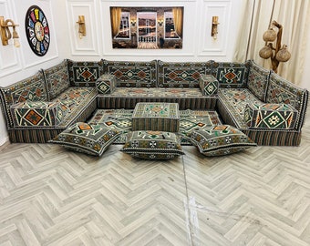 8 Zoll dickes U-förmiges modulares dunkelgraues arabisches Wohnzimmer-Sofa-Boden-Sitzset, Boho-Bodencouch, Bodenkissen, anatolisches Sofa, Bodensofa