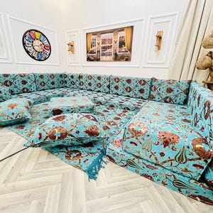 Floral Tulip Pattern Ottoman Style Floor Sofa Set: Arabic Majlis Seating, U Shaped Couch