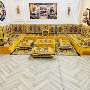 U Shaped Arabic Majlis Sofa Set: Boho Floor Seating Set with Rug and Pillows