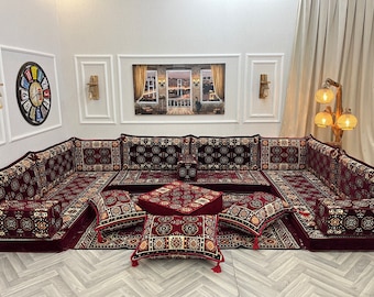 Anatolian Royal Maroon U-förmige arabische Wohnzimmer-Bodensitzsofa-Couch, Bodenkissen-Couch, Wohnzimmersofas, arabische Majlis,Ottomans