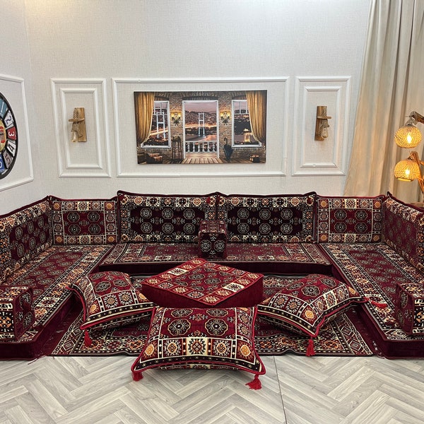 Anatolian Royal Maroon U Shaped Arabic Living Room Floor Seating Sofa Couch, Floor Cushion Couch, Living Room Sofas , Arabic Majlis,Ottomans