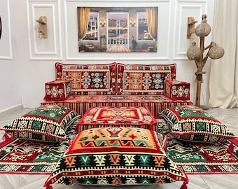 Ethnic Pattern Arabic Floor Sofa Set: Living Room Seating & Ottoman - 8 inch Thick