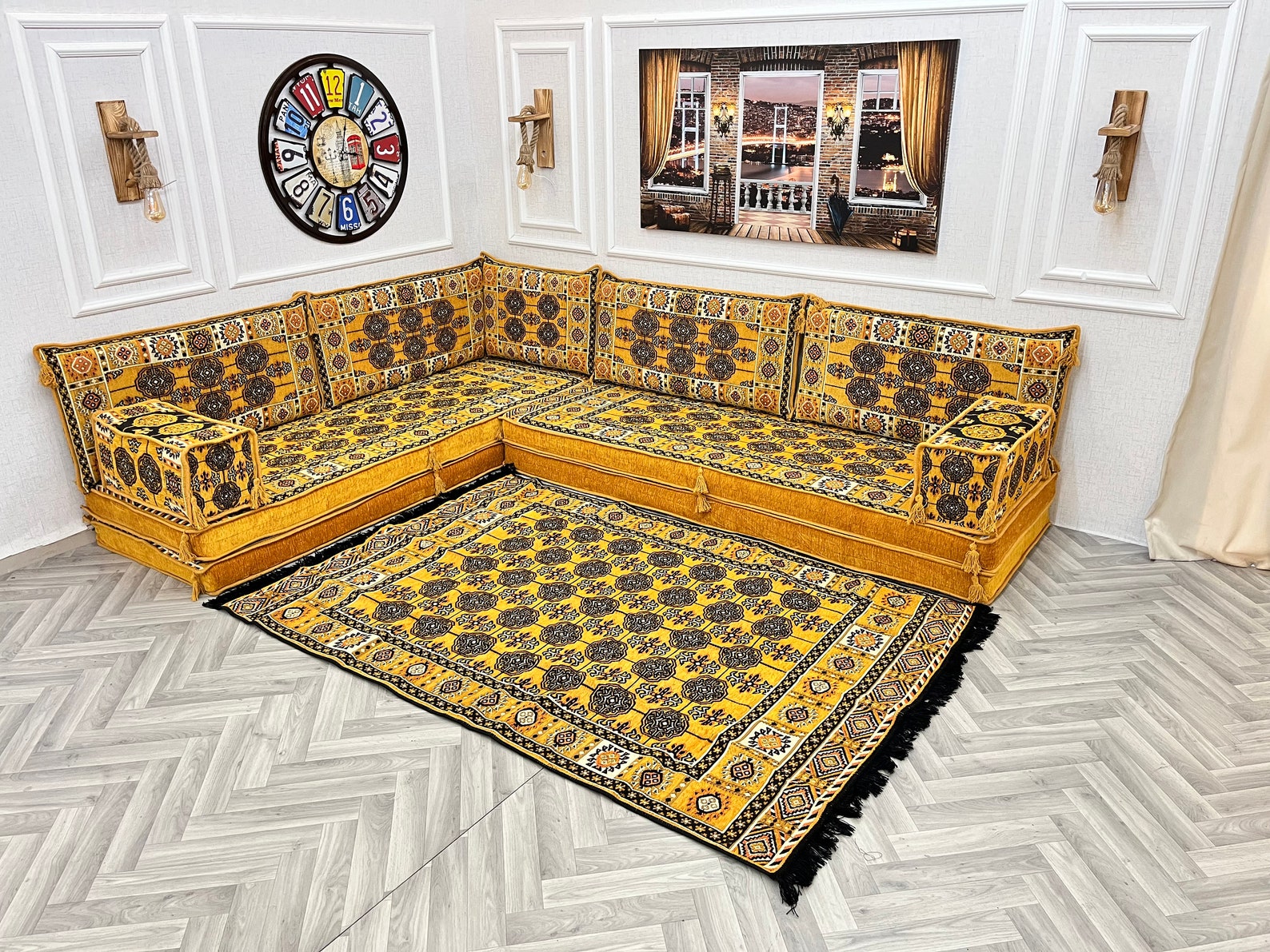 Majlis Rug Sectional Arabic Majlis Sofa Set: Gold Floor Cushions, Ottoman & Rug ...