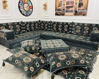 Arabic Majlis Floor Seating Set: L-Shaped Sofa, Rug, Ottoman & Pillows, Floor Decor