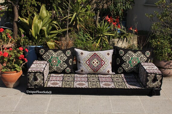 Arabic Sofa Outdoor Floor Seating Couch Black and Gray Patterned Sofa Floor Cushions Bohemian Design Sofa Terrace Pallet Cushions Etsy UK