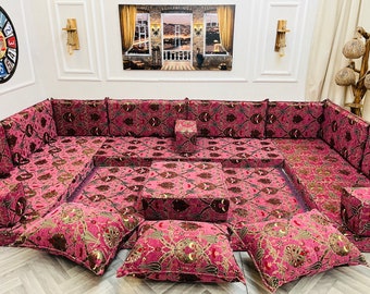 Traditional U Shaped Arabic Sofa Living Room Floor Seating Set, Boho Floor Couch, Arabic Majlis, Turkish Floor Sofa Set, Floor Cushion