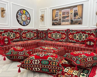 Ensemble de salon avec canapé arabe en forme de L de couleur rouge 8 po., canapé d'assise au sol, majlis arabe, canapé sectionnel, coussins de sol, canapé ottoman et tapis