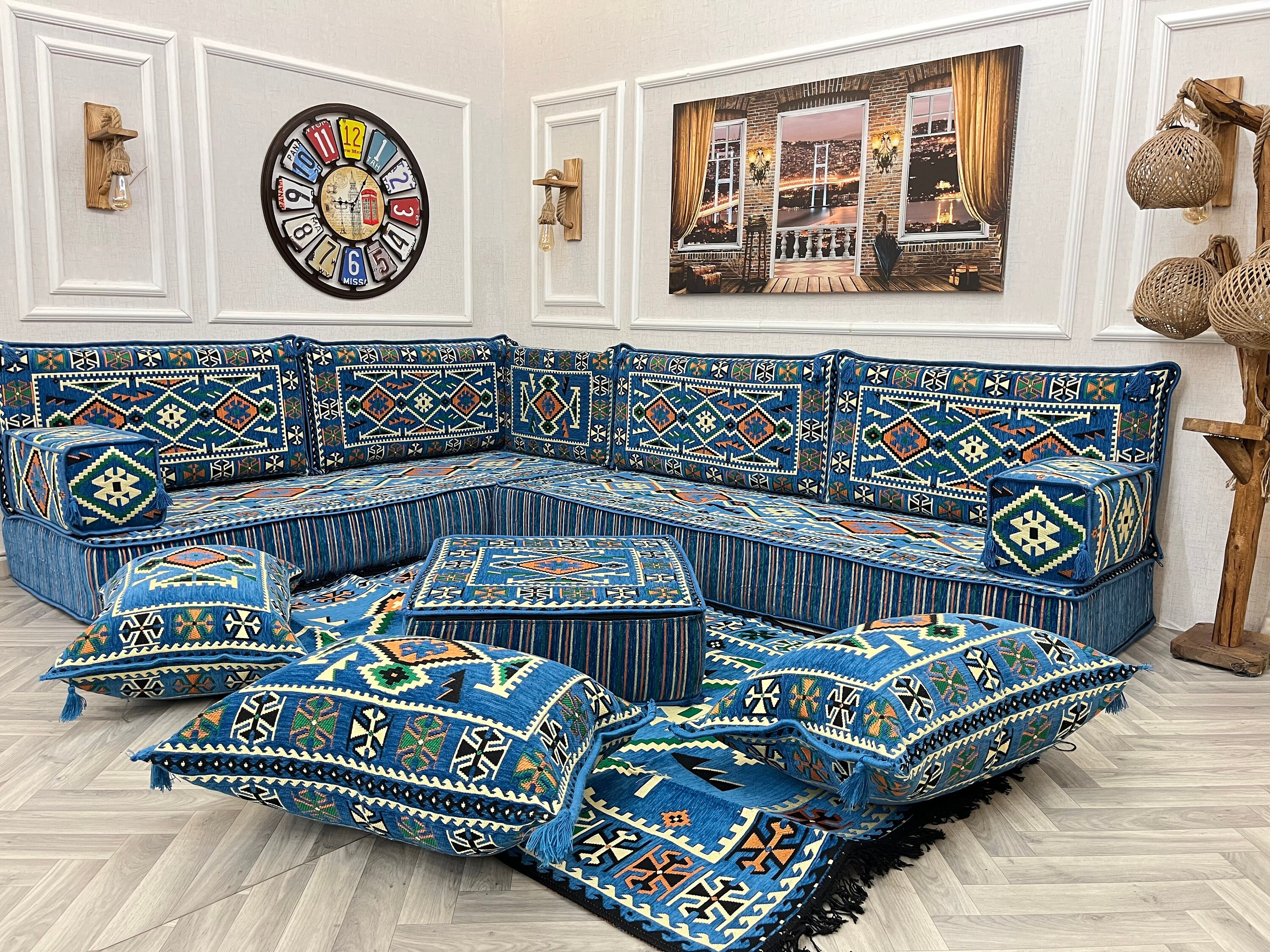 Arabic Sofa 8 Inch L Shaped Living Room Sofa Set Blue Ethnic Floor Cushion Floor Seating Sofa Arabic Majlis Sectional Sofa ottoman Couch Etsy