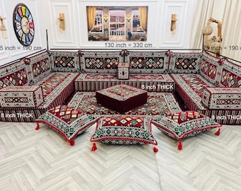 Custom Arabic Majlis Floor Seating Set: U-Shaped Sofa, Large Oriental Floor Couch, Washable Covers