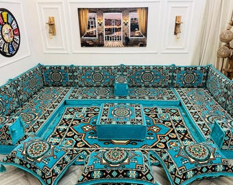 Arabic Majlis U Shaped Floor Seating Set, Moroccan Style Couch, Ottoman Table, Turkish Living Room