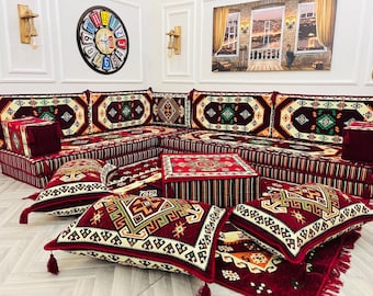 8'' Thick Arabic Floor Sofa Set: L-Shape Modular Seating Set, Living Room Sofas