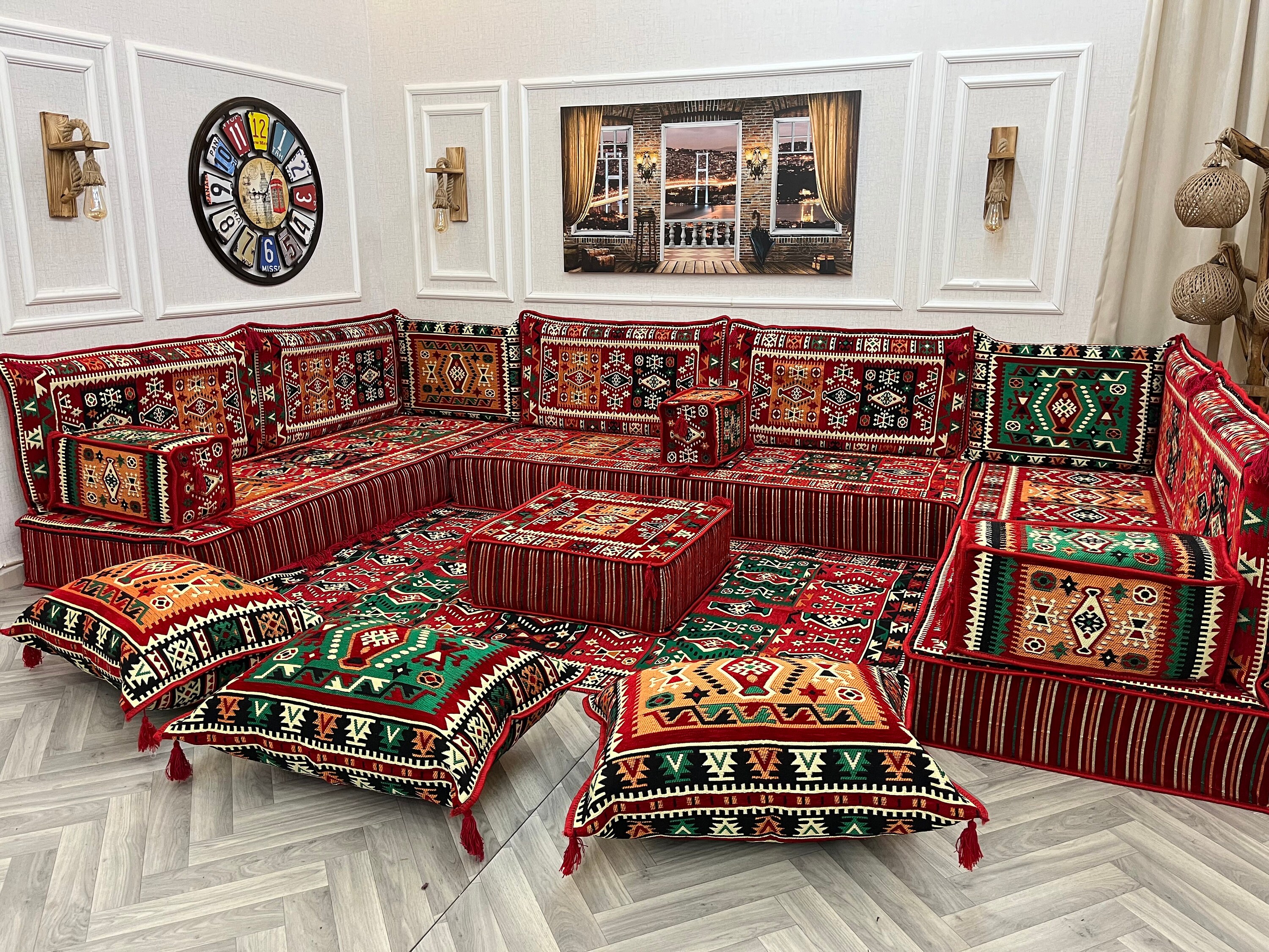 Majilis Rug U Shaped Arabic Majlis Sofa Set: Boho Floor Seating, Ottoman & Rug - Etsy