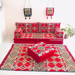 Moroccan Floor Seating Sofa Set: 8&#39;&#39; Thick Cushions, Ottoman & Rug