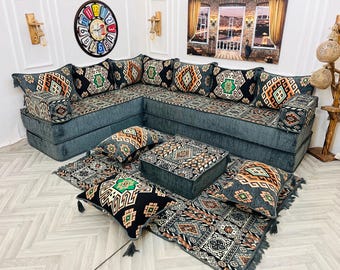 Traditionelles arabisches Bodensofa L-förmiges Bodenkissen-Set, modulare Schnittcouch für Wohnzimmer, arabisches Majlis 16-Zoll-Hochsitz-Majlis