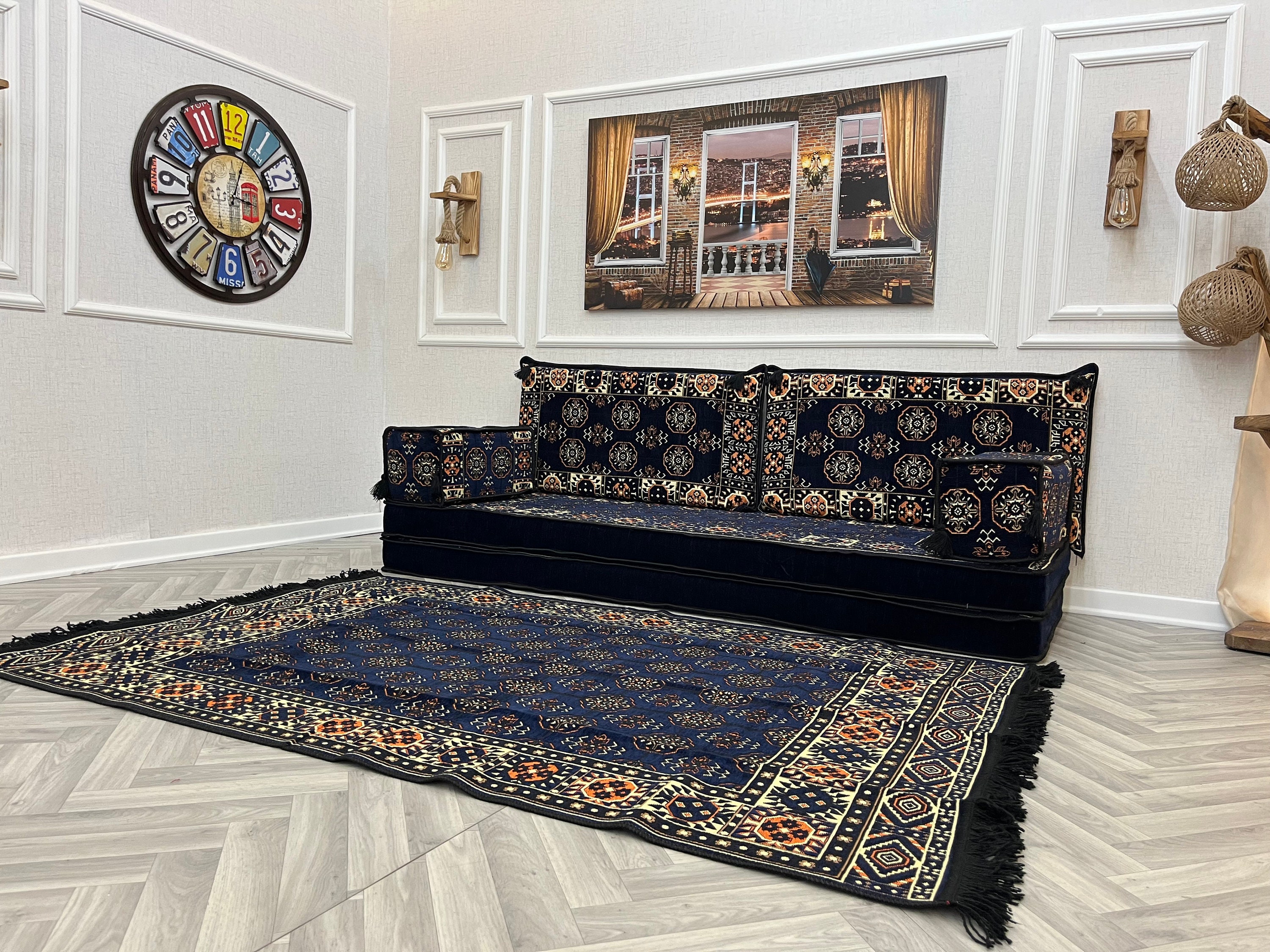 Majilis Rug Navy Arabic Floor Seating Set: 8'' Thick Majlis Sofa, Ottoman & Rug - Etsy