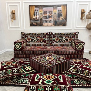 8&#39;&#39; Thick Boho Floor Seating Sofa Set: Arabic Majlis Couch & Ottoman, Home Decor