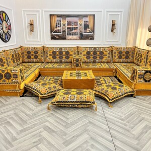 Canapé de salon en forme de U de 8'' d'épaisseur, ensemble de sièges au sol, canapés de sol Boho, Majlis arabe, ensemble de canapés de sol authentiques jaune moutarde image 3