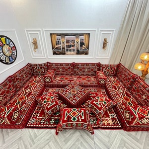 Authentic Red U Shaped Arabic Sofa Living Room Floor Seating Set, Boho Floor Couch, Arabic Majlis, Turkish Floor Sofa Set, Ottoman Couch Rug U SOFA FULL SET