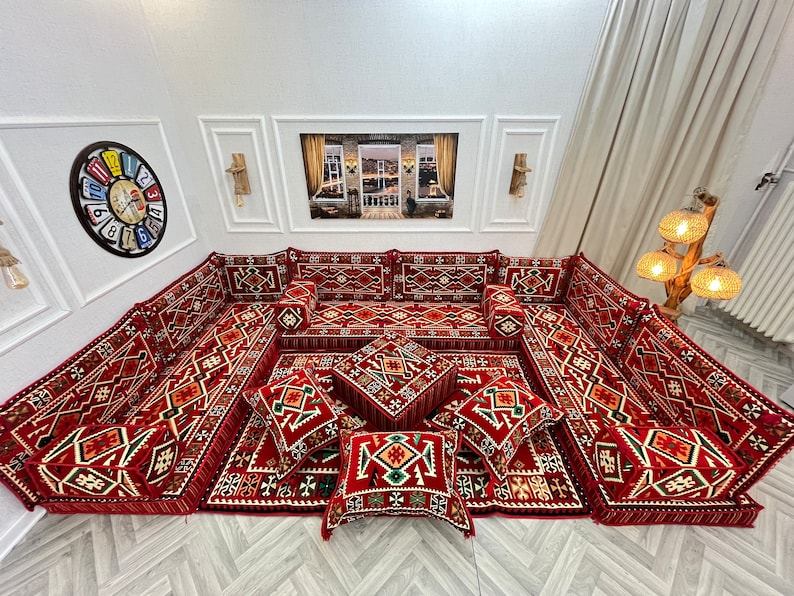 Authentic Red U Shaped Arabic Sofa Living Room Floor Seating Set, Boho Floor Couch, Arabic Majlis, Turkish Floor Sofa Set, Ottoman Couch Rug U SOFA FULL SET