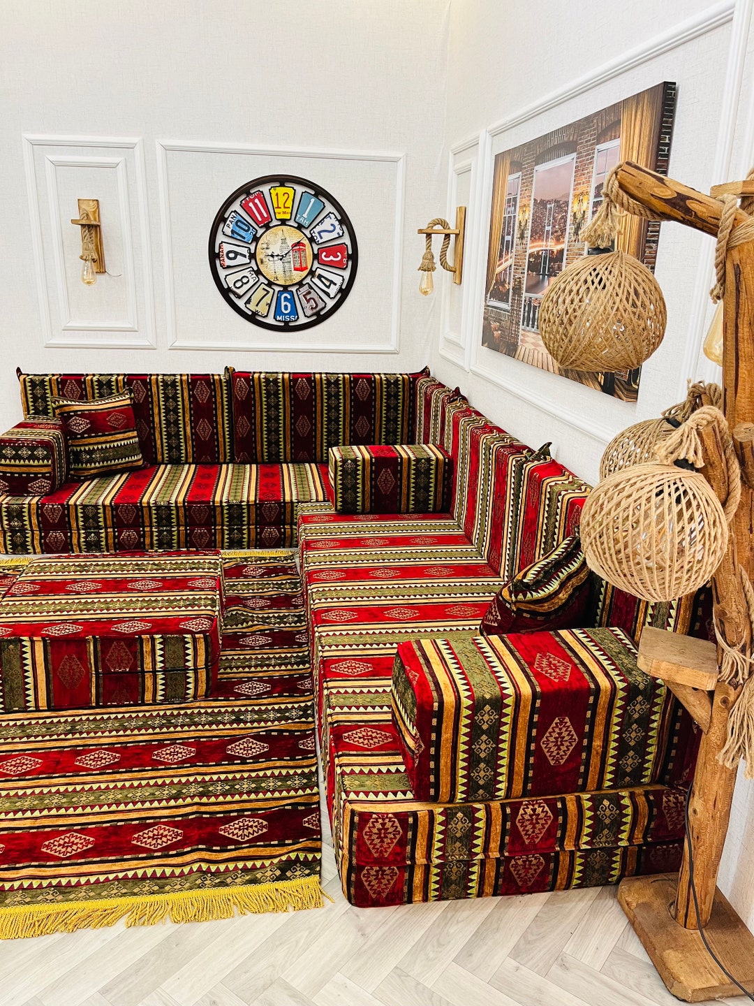 Turkish Style Floor Cushion Seating Set: Majlis Sofa, Cushions, Ottoman ...