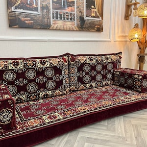 Maroon Color Arabic Floor Sofa: Moroccan Loveseat Seating Couch, Home Decor, Reading Nook