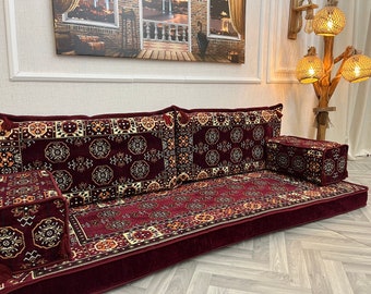 Maroon Color Arabic Floor Sofa: Moroccan Loveseat Seating Couch, Home Decor, Reading Nook