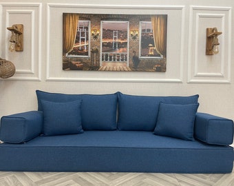 8'' THICK Navy Blue Linen Fabric Floor Seating Living Room Sofa ,Yoga Meditation Sofa Bed,Arabic Living Room,Bohemian Home Decor Floor Couch