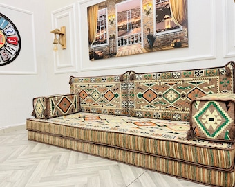 8 inch Thick Beige Arabic Sofa Living Room Floor Seating Set, Anatolian Motif , Moroccan Couch, Floor Cushion Couch, Boho Living Room Decor