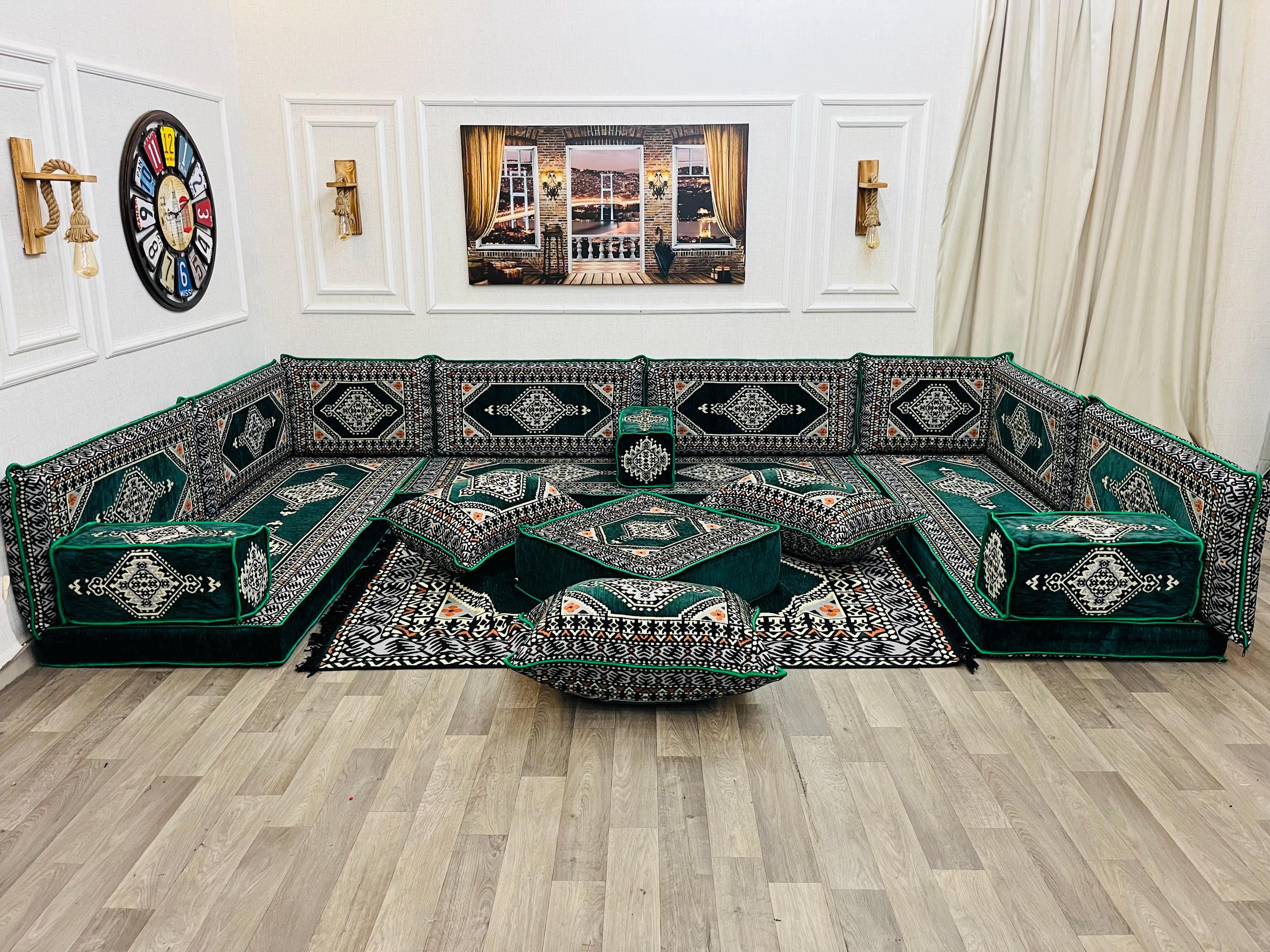 Majlis Rug Handmade Green Arabic Majlis Floor Seating Set: Ottoman Sofa Cushions ...
