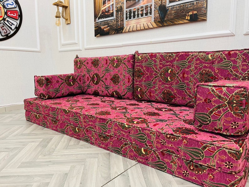 8'' Thick Functional Floor Seating Living Room Sofa Set, Turkish Tulip Pattern Floor Cushion,Unique Design Living Room Decor,Arabic Sofa Set image 6